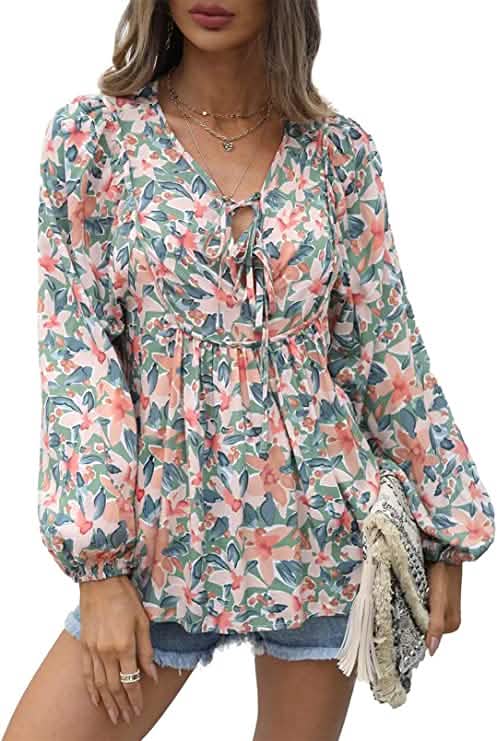 Women's Casual Boho Floral Print V Neck Long Sleeve Top