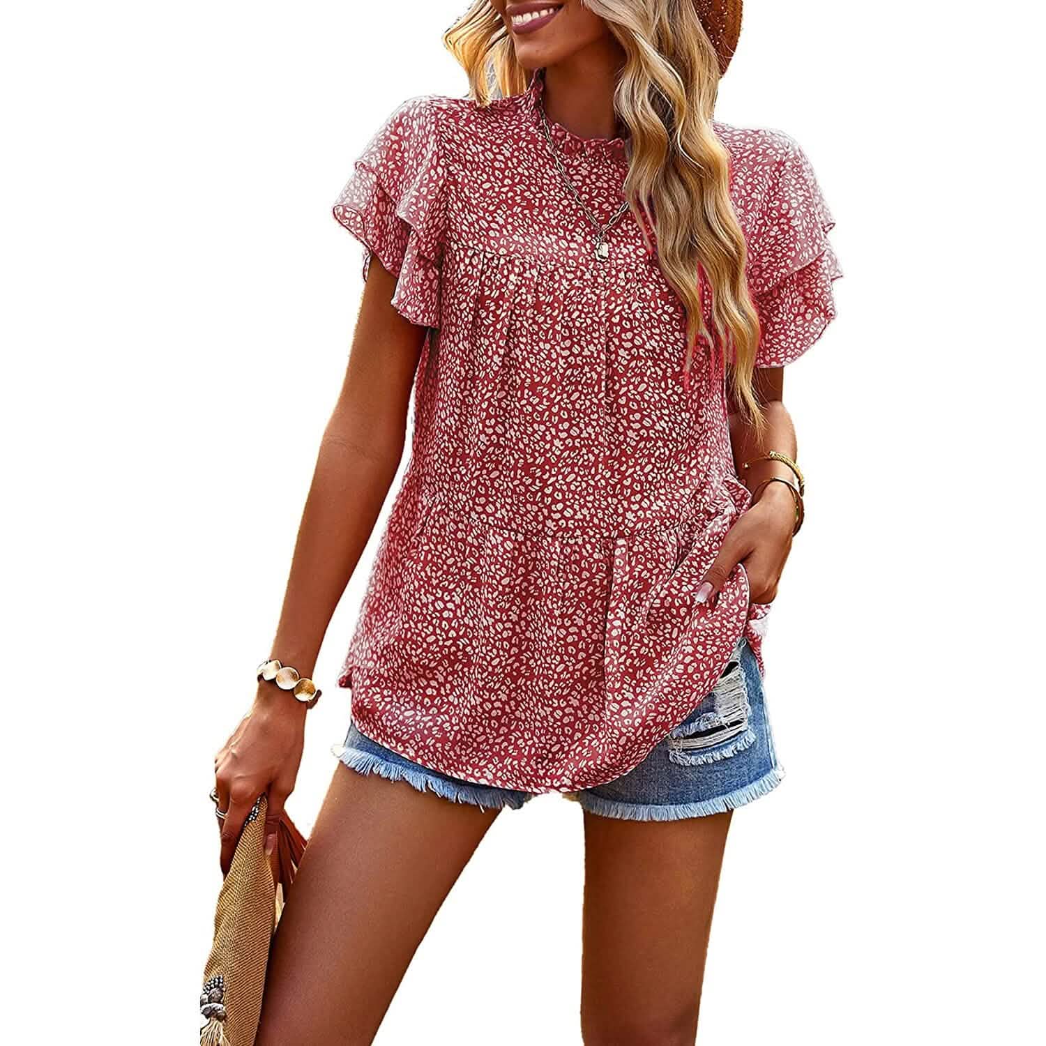 Women's Casual Summer Tops Ruffle Short Sleeve Mock Neck Fashion Floral Chiffon Blouse Shirts