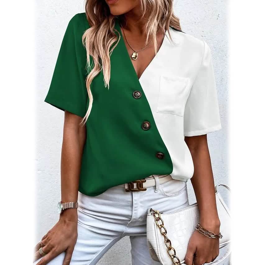 Women's Pocket Button V-Neck Short Sleeve Shirt