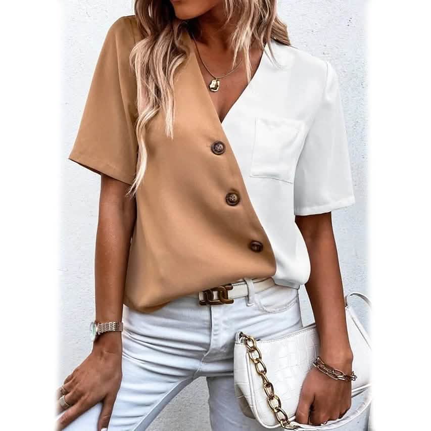 Women's Pocket Button V-Neck Short Sleeve Shirt