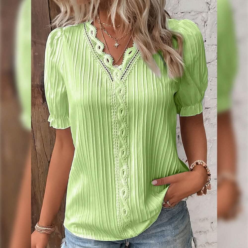 Women's Shirt Blouse Plain Lace Short Sleeve Casual Basic V Neck