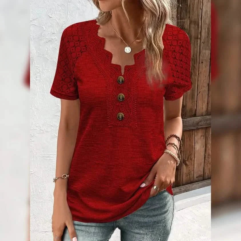 Women's T-Shirt Plain Lace Button Short Sleeve